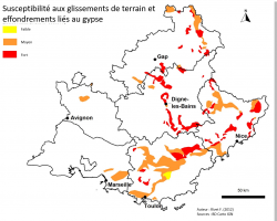 Susceptibilité aux glissements de terrain et aux effondrements liés au gypse 1/100 000e Réf. BRGM/R-60896-FR - Rivet F. (2012) 