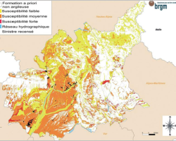 Exemple de carte de susceptiblité au retrait-gonflement des argiles sur le département des Alpes de Haute-Provence (04) (c) BRGM 