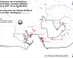 Localisation des installations industrielles (ICPE) classées SEVESO dans le DPT 13 (pourtour de l'étang de Berre, Fos et Martigues)