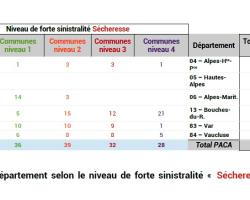 Nombre de communes par département selon le niveau de forte sinistralité «  Sécheresse »  (ONRN, données 2025)
