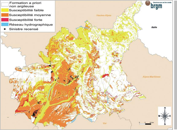 Exemple de carte de susceptiblité au retrait-gonflement des argiles sur le département des Alpes de Haute-Provence (04) (c) BRGM