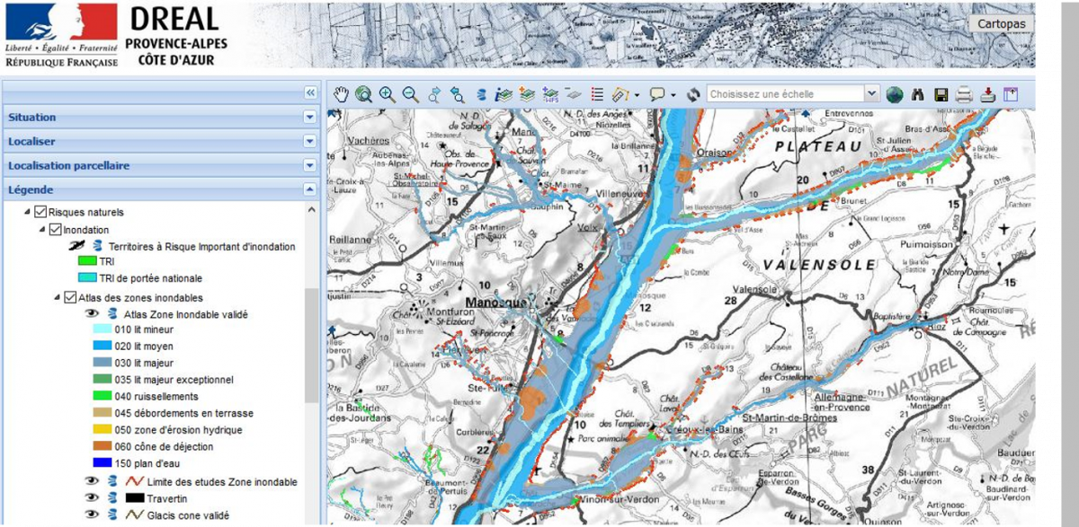 Exemple d’atlas des zones inondables visualisable sur la carte interactive Environnement et Risques naturels © DREAL PACA