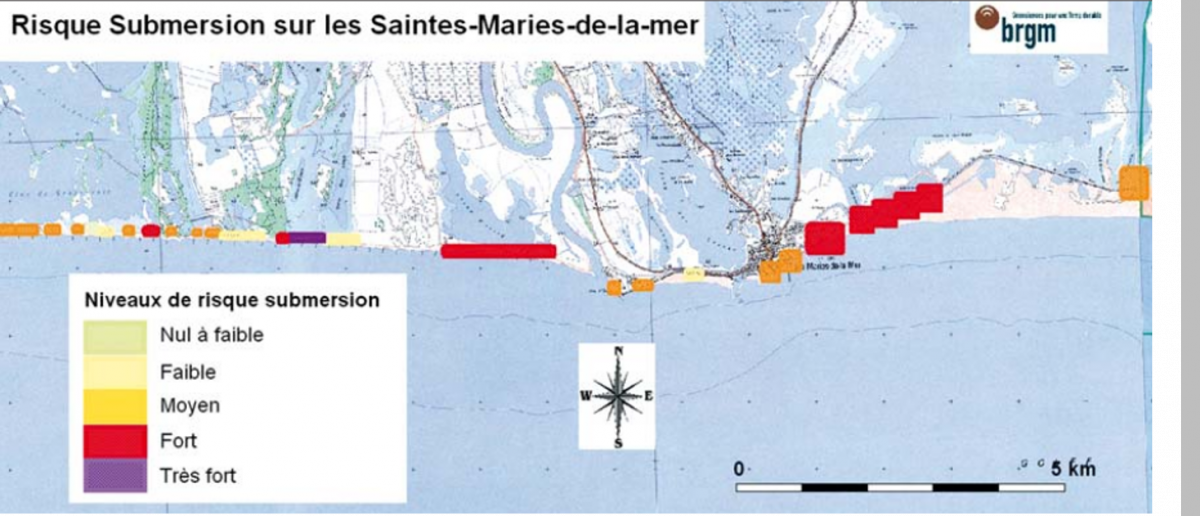 Carte du risque submersion marine sur la commune des Saintes-Maries-de-la-Mer