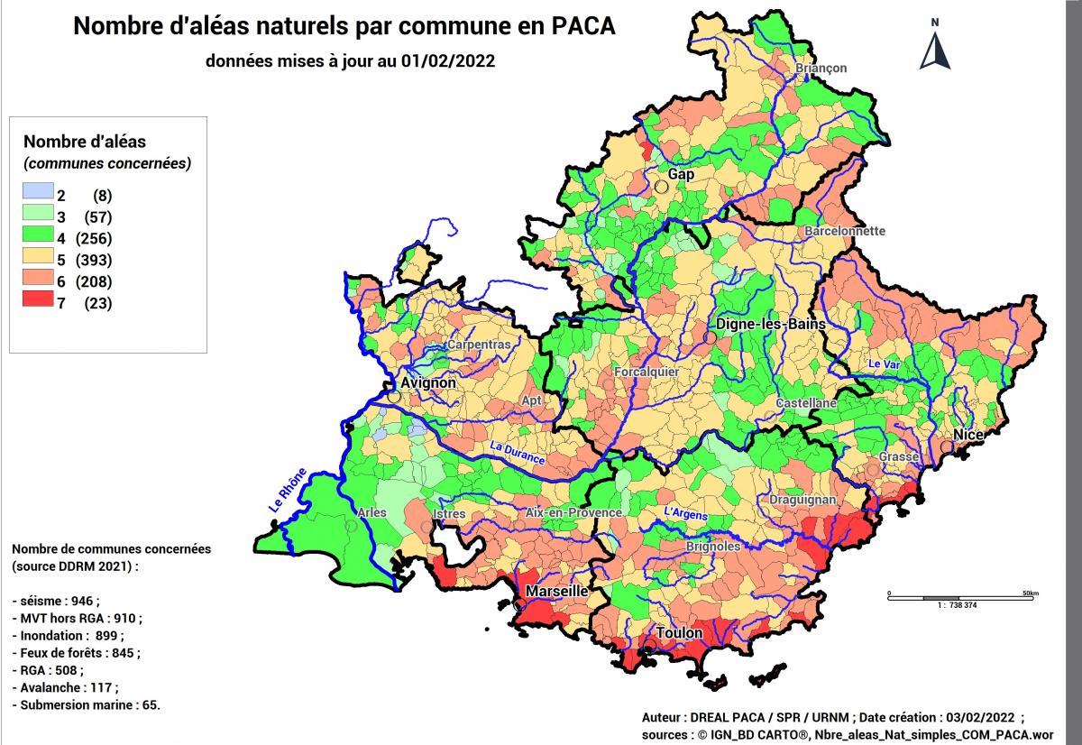 Nombre d'aléas naturels par commune en PACA (source DDRM)