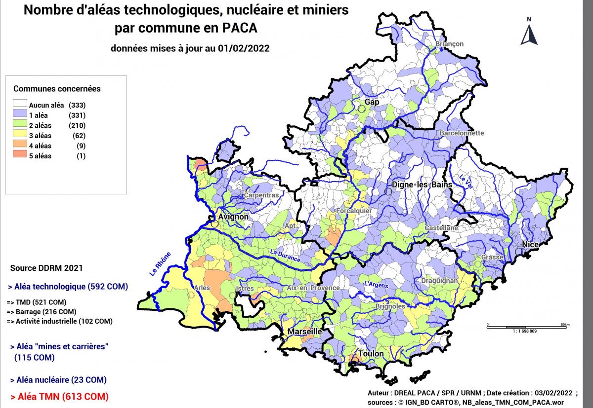 Nombre d'aléas technologiques, nucléaire et miniers par commune en PACA au 01/02/2022