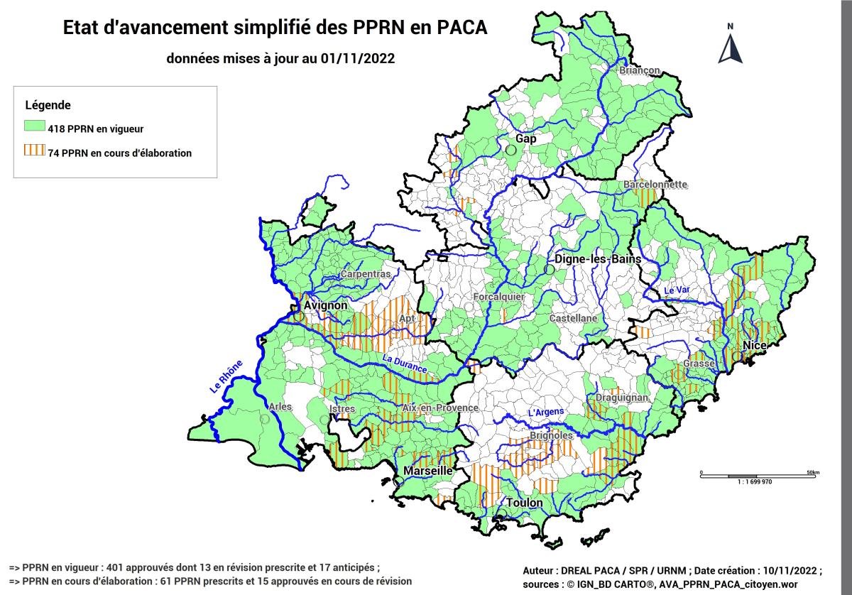 Etat d'avancement simplifié des PPRN en PACA (cartographie)