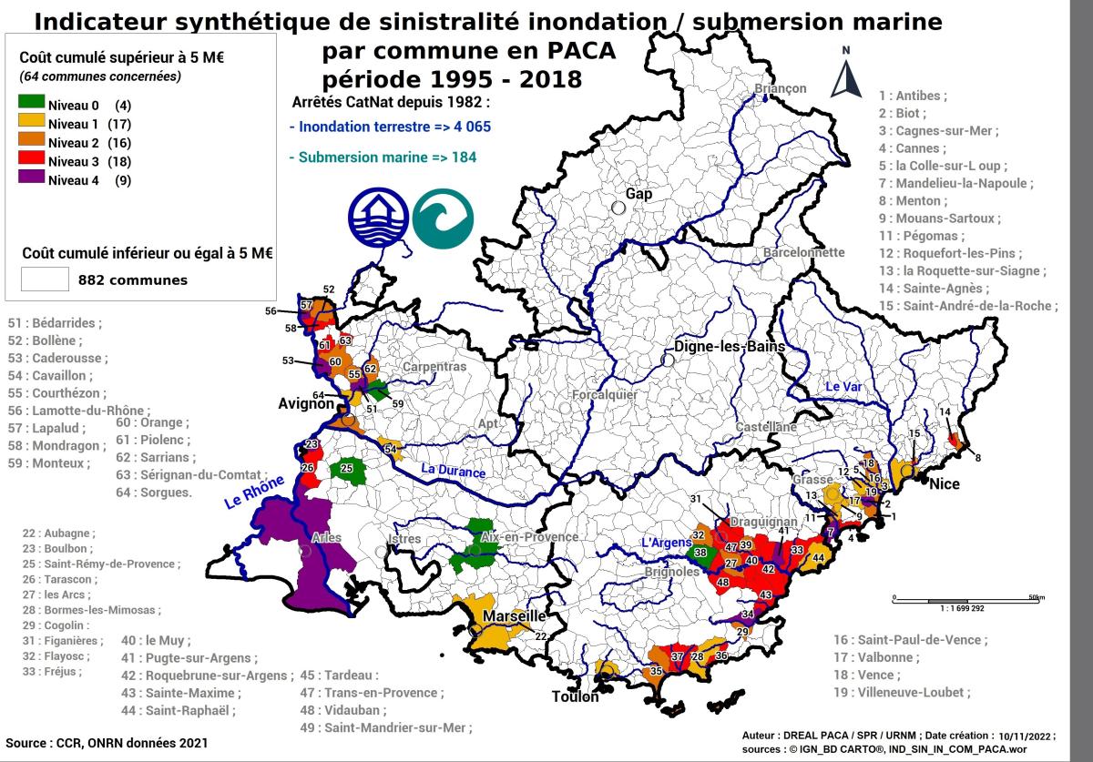 Carte régionale des communes à forte sinistralité inondation (ONRN, données 2021)	