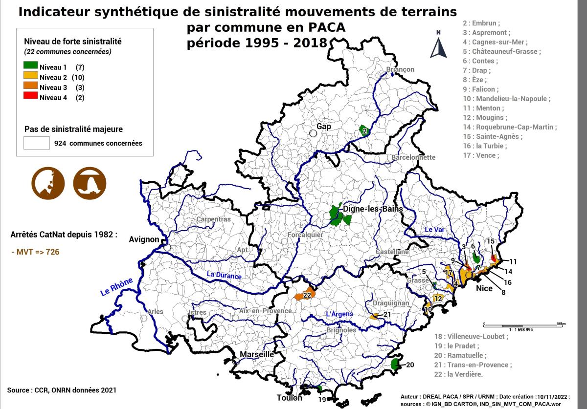 Carte régionale des communes à forte sinistralité mouvements de terrain (ONRN, données 2021)	