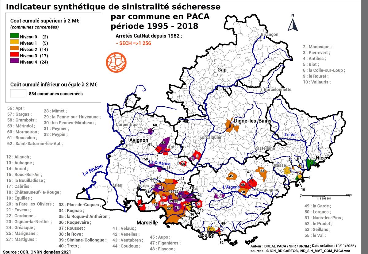 Carte régionale des communes à forte sinistralité « sécheresse » (ONRN, données 2021)