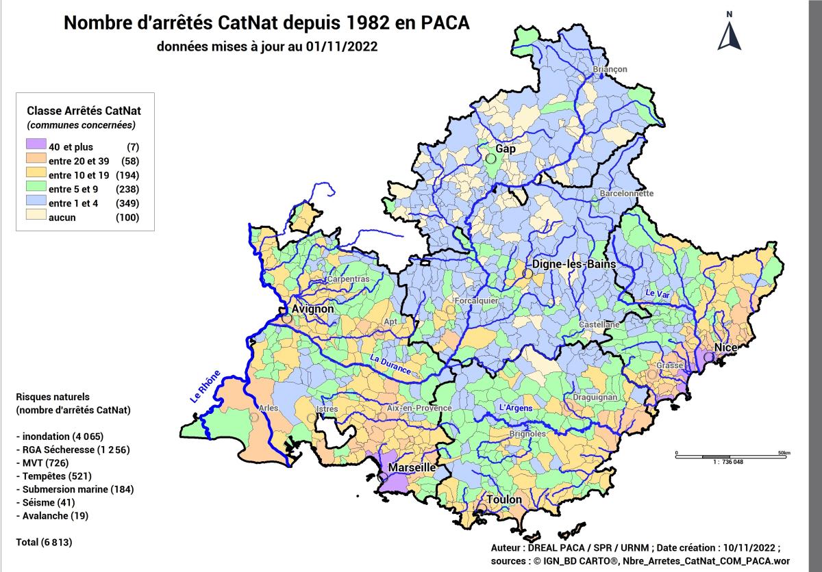 Carte régionale du nombre d'arrêtés de catastrophe naturelle depuis 1982