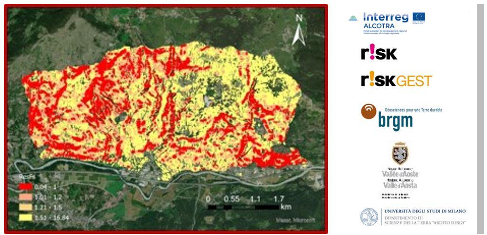 Exemple de carte de facteurs de sécurité obtenus avec le modèle ALICE du BRGM sur le territoire de la vallée d’Aoste © C. Camera, 2022