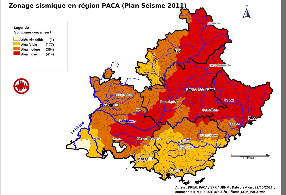 Cartographie du zonage sismique en PACA issu du Plan Séisme de 2011