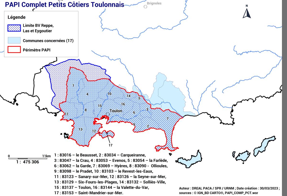 Carte périmètre PAPI complet Petits Côtiers Toulonnais