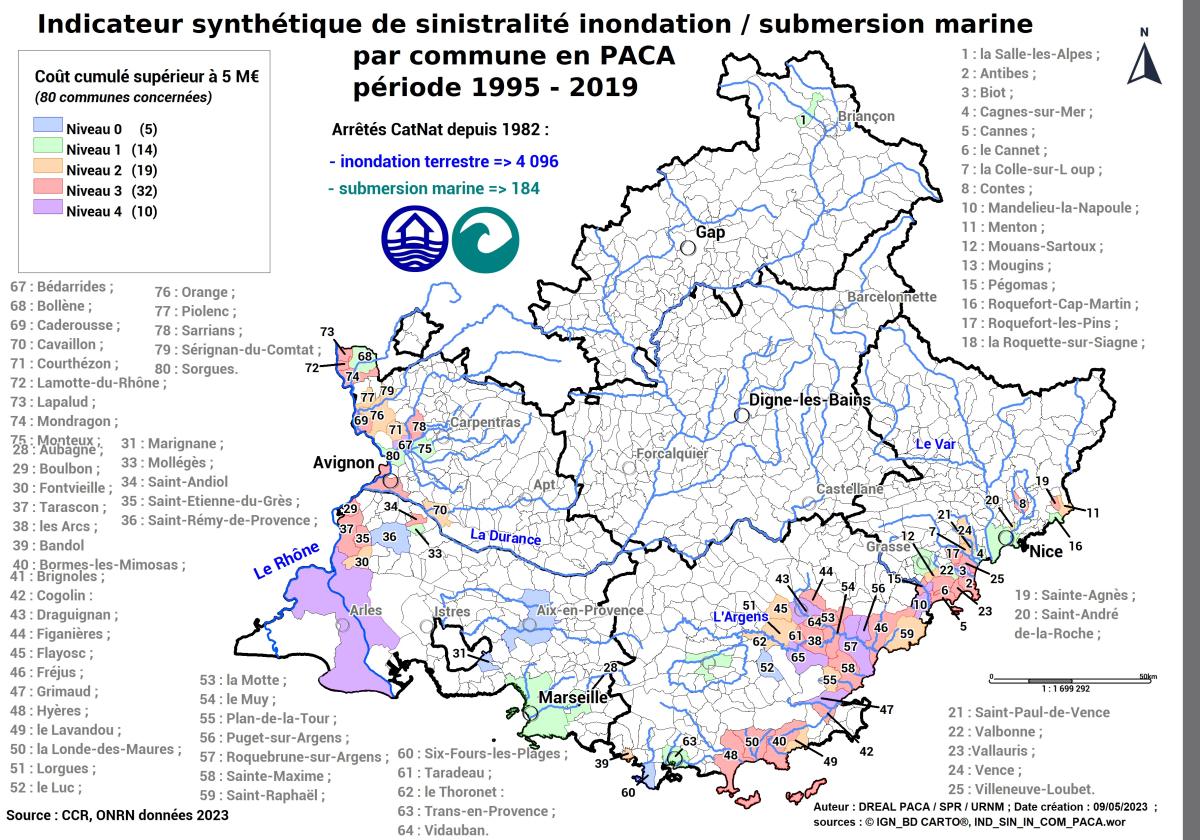 Carte régionale des communes à forte sinistralité inondation (ONRN, données 2023)	