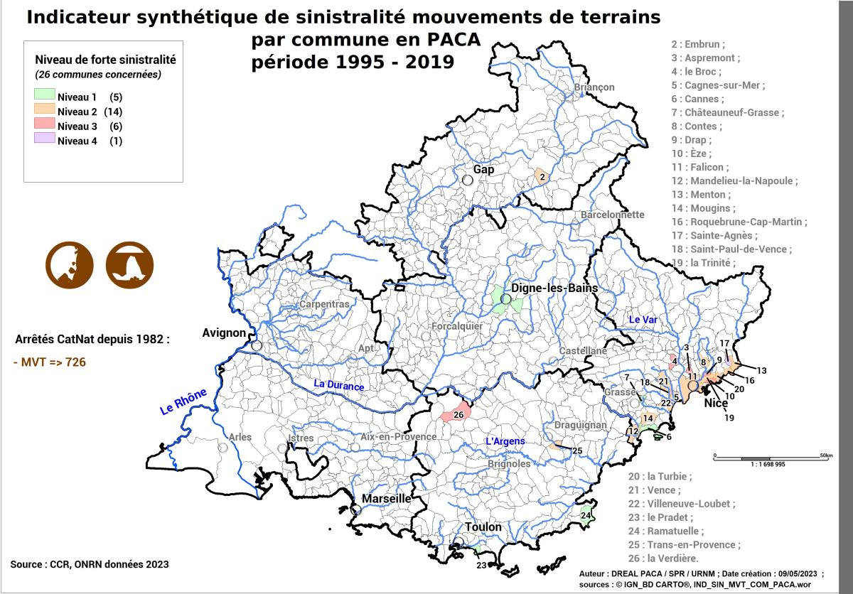 Carte régionale des communes à forte sinistralité mouvements de terrain (ONRN, données 2023)	