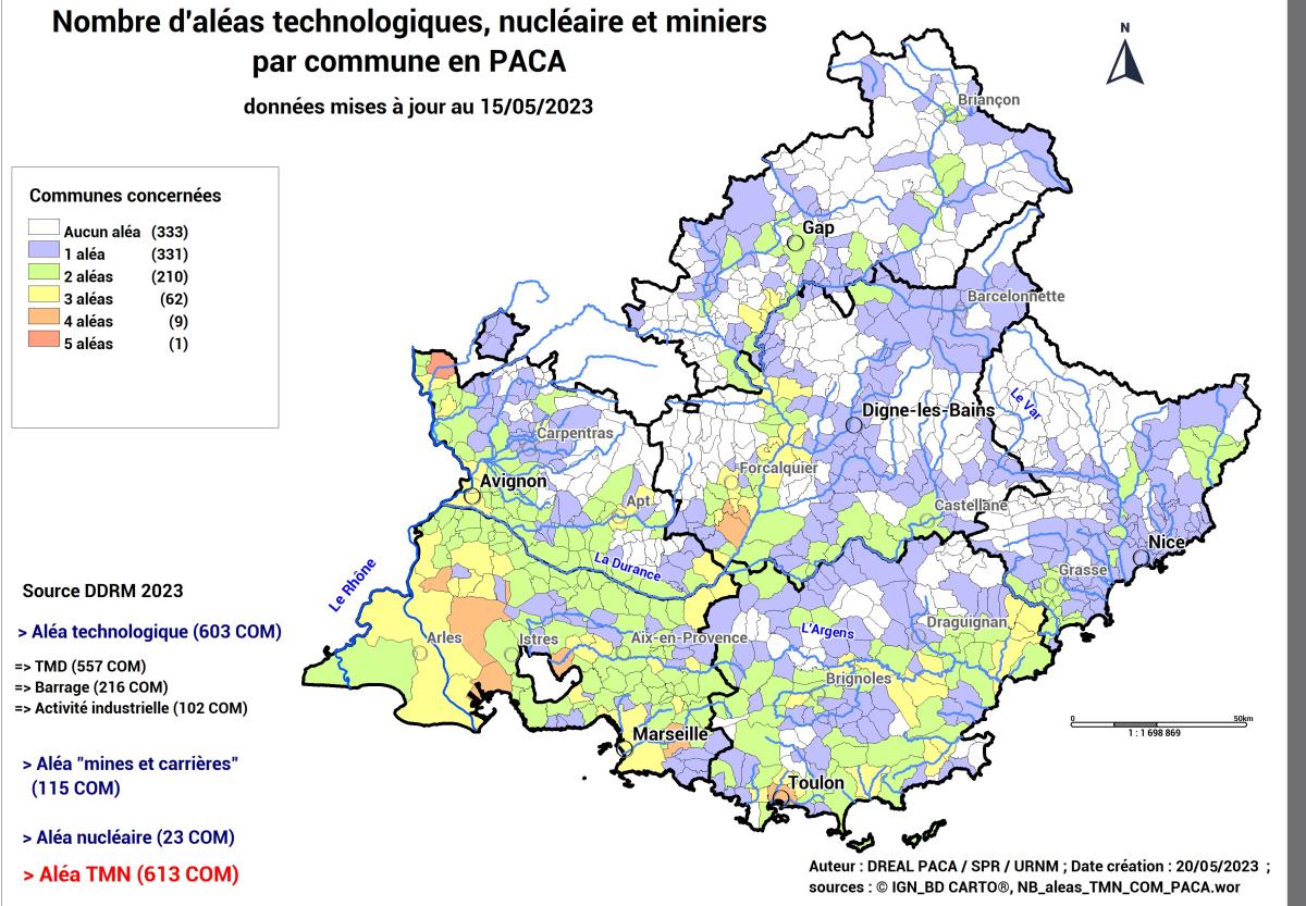 Nombre d'aléas technologiques, nucléaire et miniers par commune en PACA 