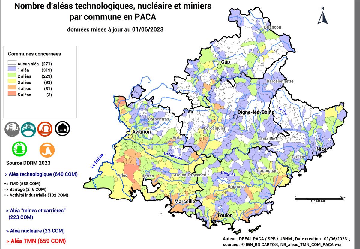 Nombre d'aléas technologiques, nucléaire et miniers par commune en PACA 