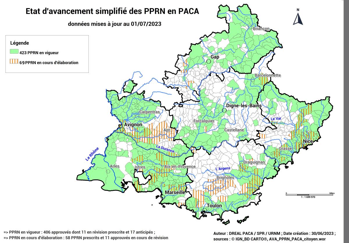 Etat d'avancement simplifié des PPRN en PACA (cartographie)