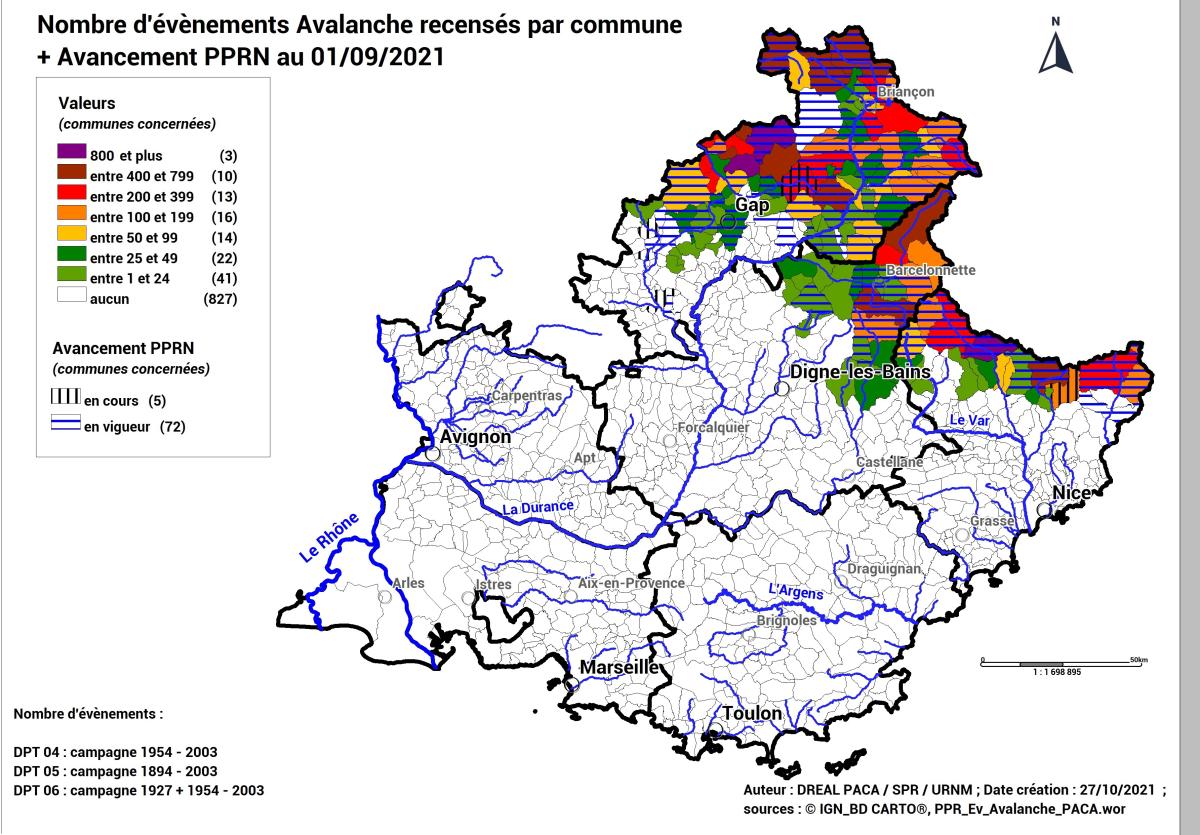 => Cartographie du nombre d’évènements Avalanche recensés par commune et de l’état d’avancement des PPRN avalanche (source © DREAL PACA)