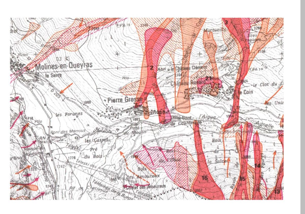 => Exemple de carte de localisation des phénomènes d’avalanche dans le Queyras (source © INRAE)