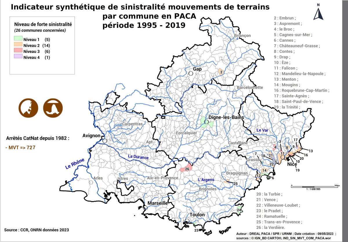 Carte régionale des communes à forte sinistralité mouvements de terrain (ONRN, données 2023)	