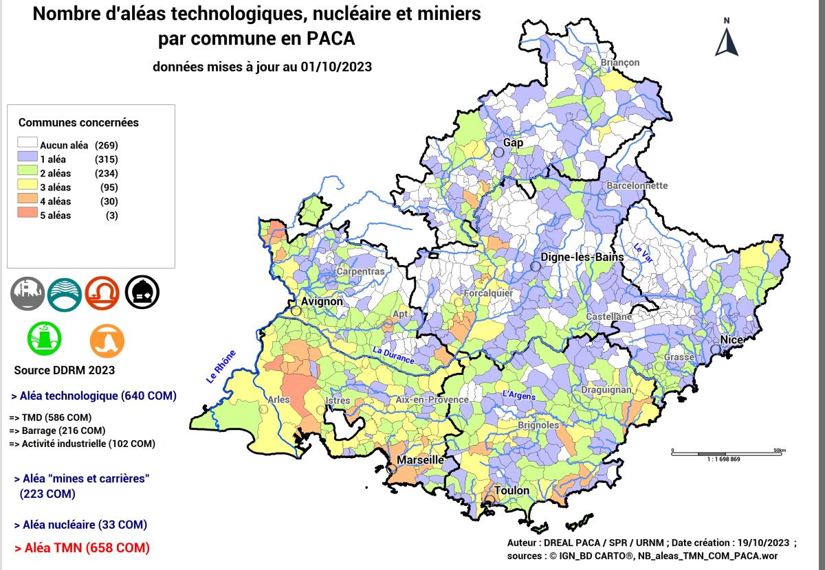 Nombre d'aléas technologiques, nucléaire et miniers par commune 