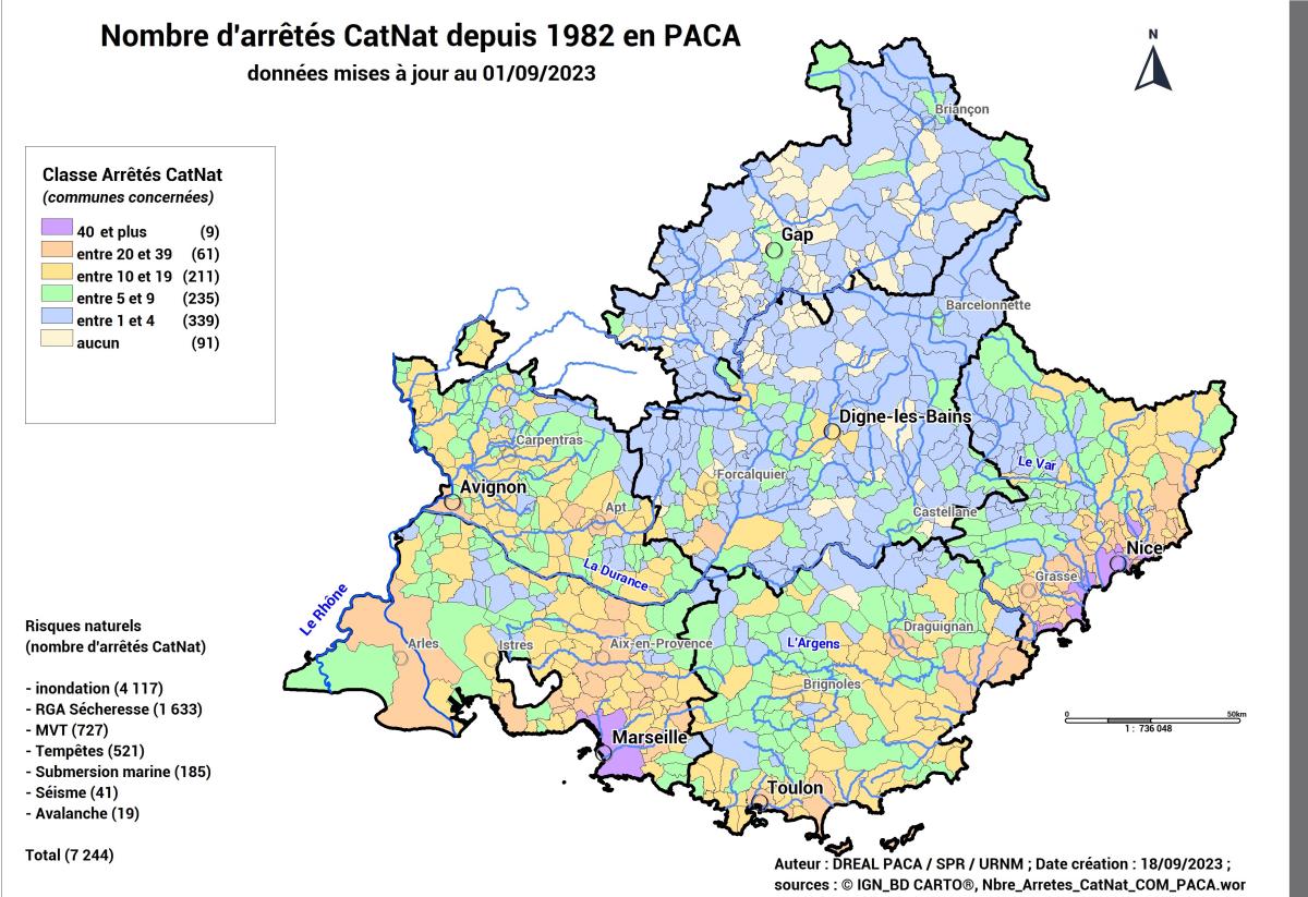 Carte régionale du nombre d'arrêtés de catastrophe naturelle depuis 1982