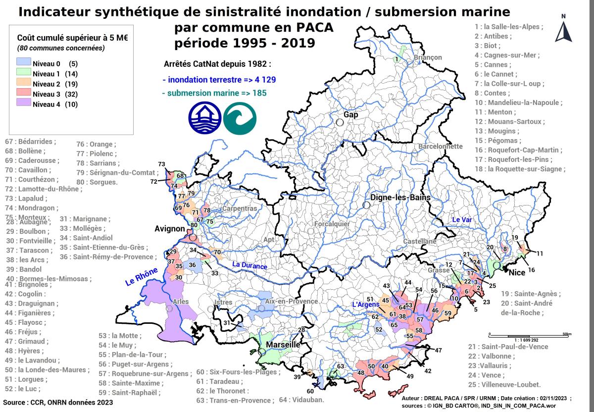 Carte régionale des communes à forte sinistralité inondation (ONRN, données 2023)	
