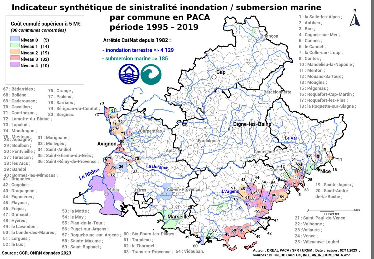 Carte régionale des communes à forte sinistralité inondation (ONRN, données 2023)	