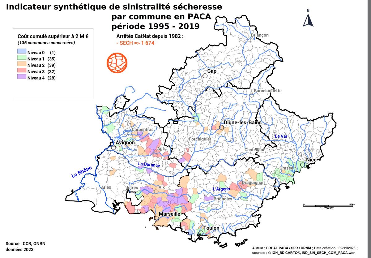 Carte régionale des communes à forte sinistralité « sécheresse » (ONRN, données 2023)