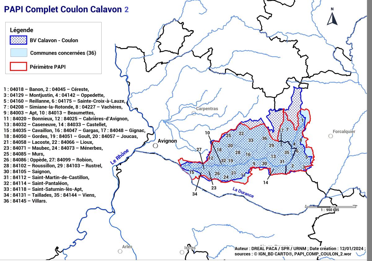 Représentation géographique des contours du PAPI complet Calavon-Coulon 2 (36 communes concernées)