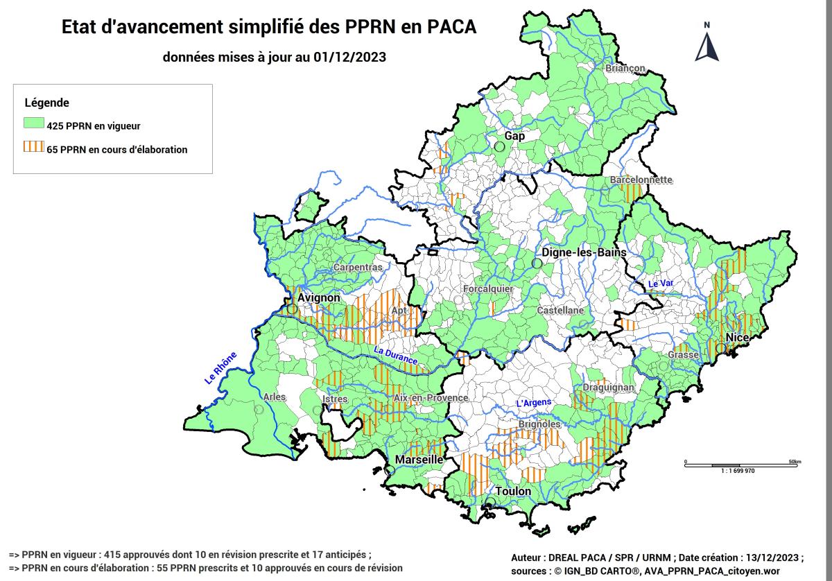 Etat d'avancement simplifié des PPRN en PACA (cartographie)