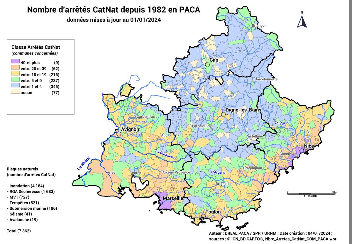 	Depuis 1982, 7 362 reconnaissances Catnat ont été déclarées sur la région Provence-Alpes-Côte d’Azur, tout aléa confondu. La majorité des arrêtés concerne les catastrophes liées à des inondations terrestres ou de la sécheresse.  (Répartition cartographique du nombre d'arrêtés CAT NAT par commune depuis 1982)