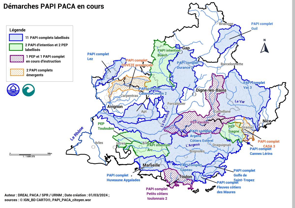 Cartographie des démarches PAPI en cours : 15 PAPI labellisés dont 11 complets