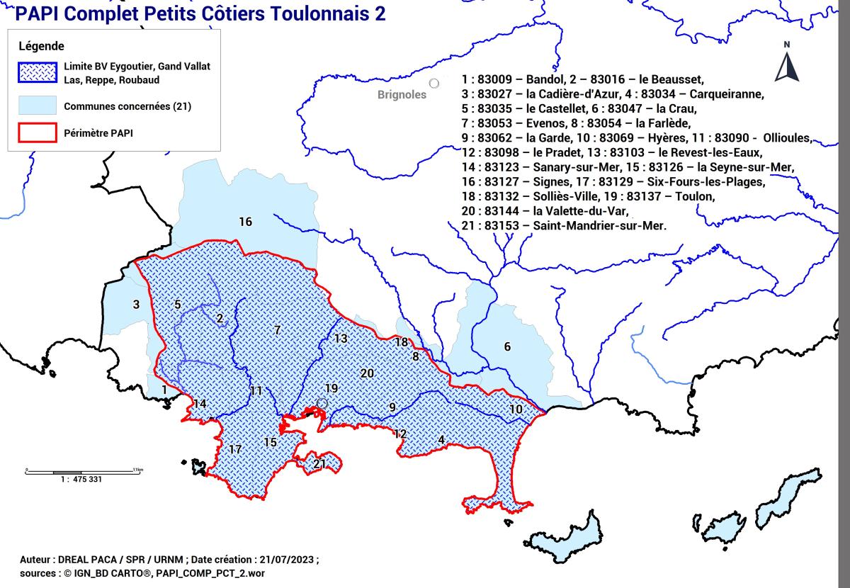 Le périmètre du programme d’actions s’étend sur 1 département (Var) et sur 1 région (Provence-Alpes-Côte d’Azur) et concerne 21 communes pour environ  500 000 habitants dont 208 075 sont exposés au titre de l’Enveloppe Approchée des Inondations Potentielles des cours d’eau (EAIP_ce) et 13 873 au titre de l’EAIP_sm [ inondation venant de la mer dénommée « submersion marine].