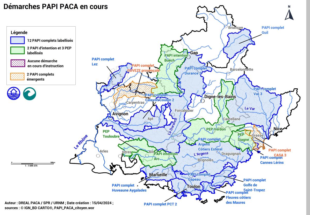 Cartographie des démarches PAPI en cours : 17 PAPI labellisés dont 12 complets