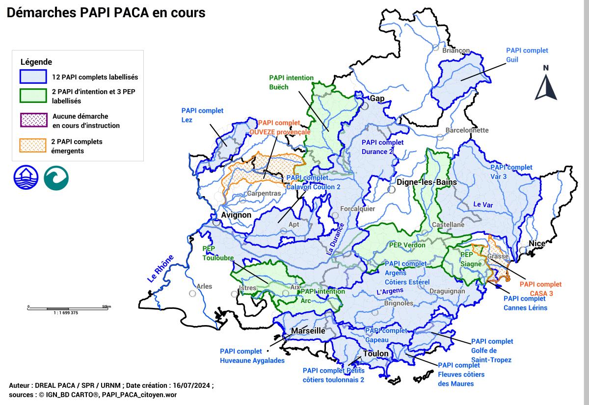 Cartographie des démarches PAPI en cours : 17 PAPI labellisés dont 12 complets