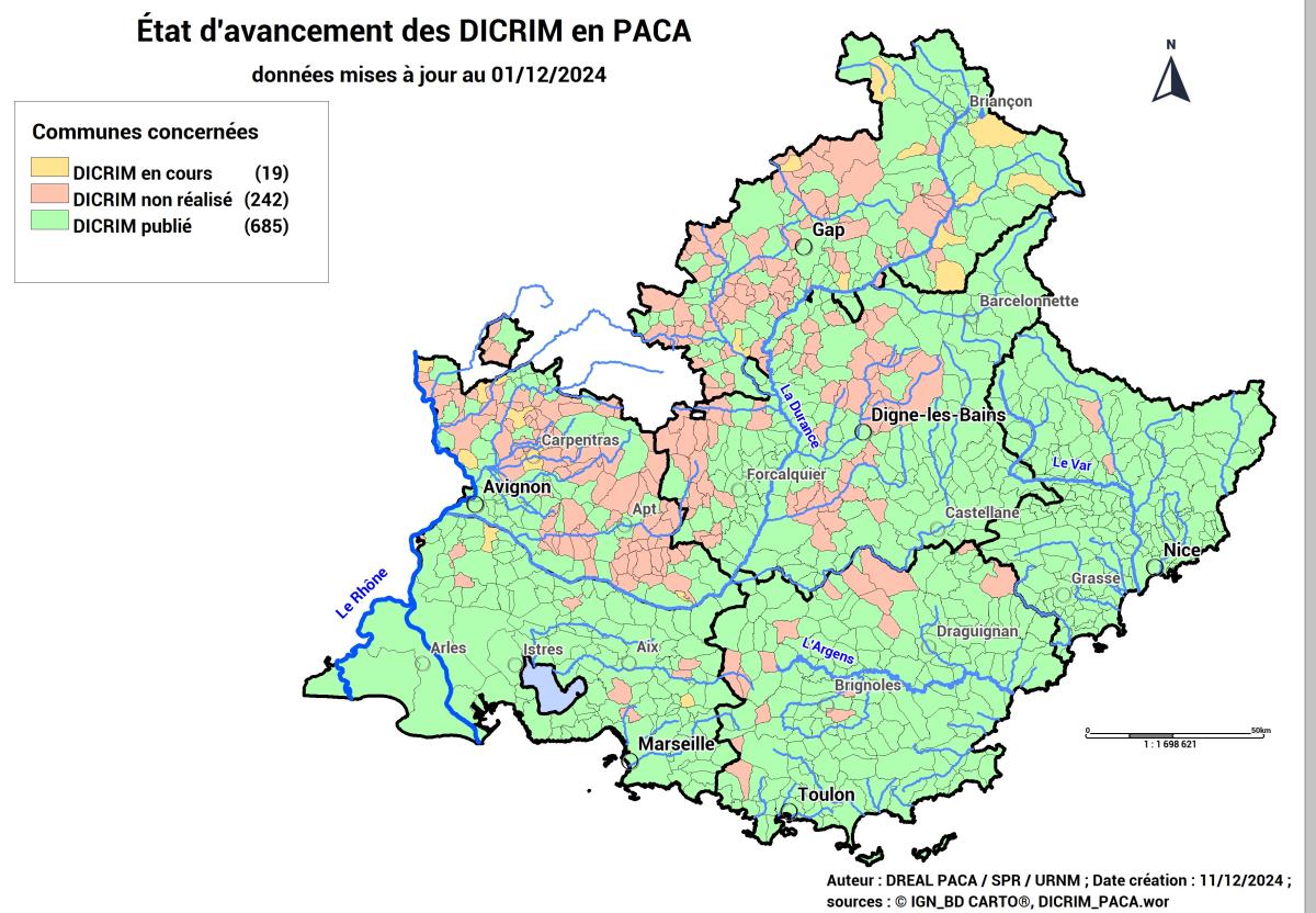 Cartographie de l'état d'avancement des DICRIM en PACA : 685 publiés, 19 en cours et 242 non réalisés