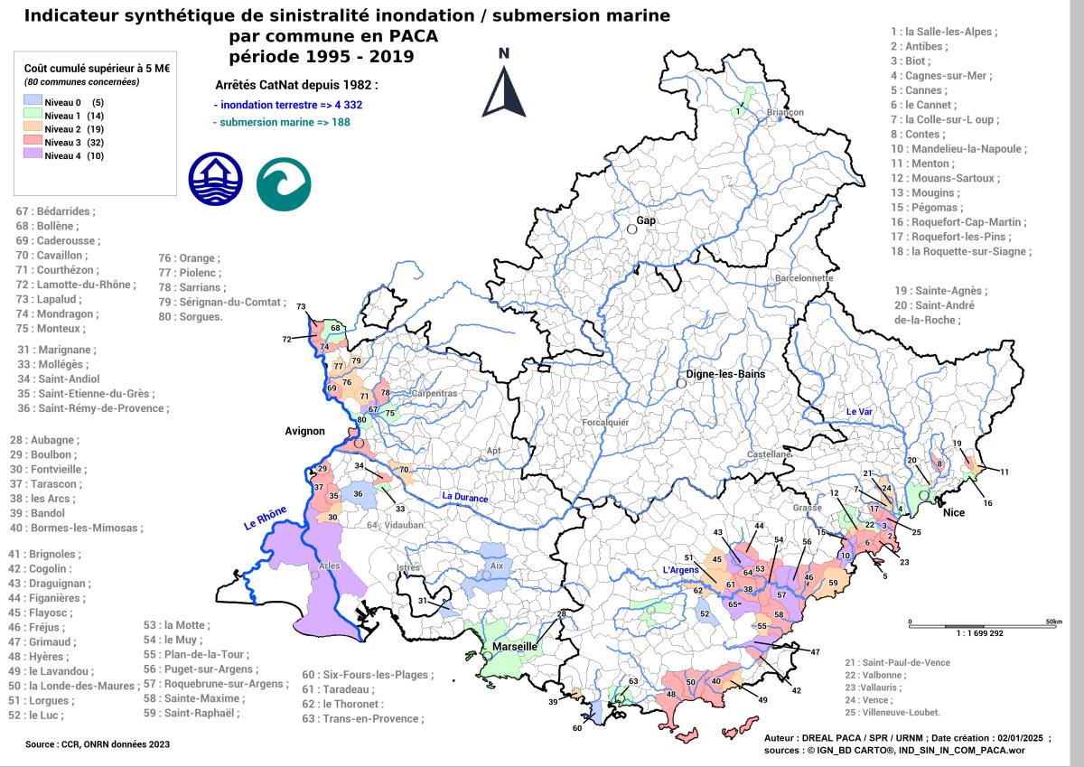 80 Communes à forte sinistralité Inondation réparties comme suit : 1 dans le DPT 05, 24 dans le DPT 06, 12 dans le DPT 13, 28 dans le DPT 83 et 15 dans le DPT 84