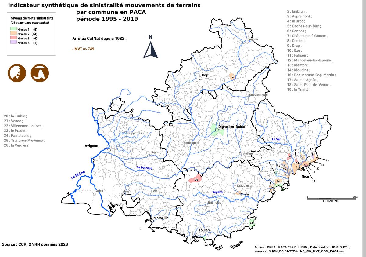 Carte régionale des communes à forte sinistralité mouvements de terrain (ONRN, données 2023) => 26 communes concernées réparties comme suit : 1 dans le DPT 04, 1 dans le DPT 05, 20 dans le DPT 06 et 4 dans le DPT 83