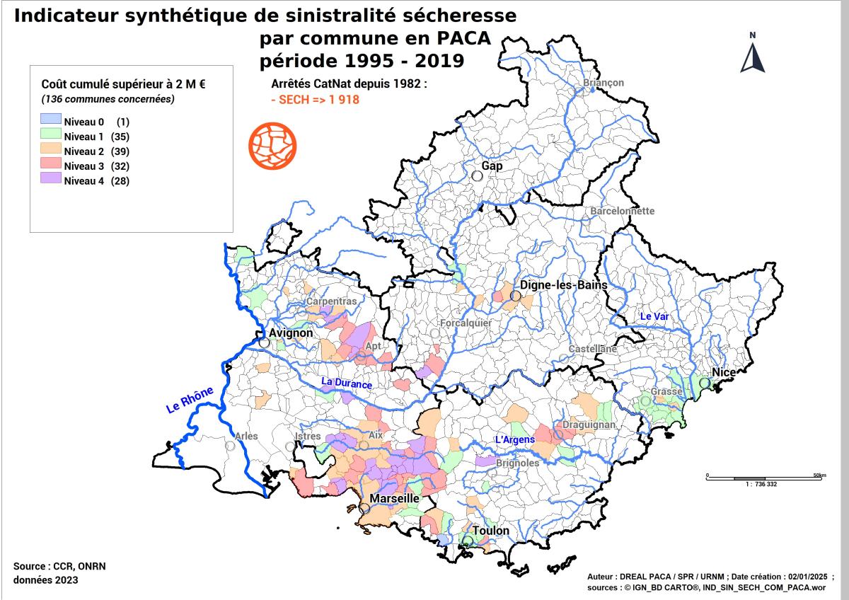 136 communes sont classées à forte sinistralité " sécheresse " réparties comme suit :  8 dans le DPT 04, 17 dans le DPT 06, 53 dans le DPT 13, 31 dans le DPT 83 et 27 dans le DPT 84