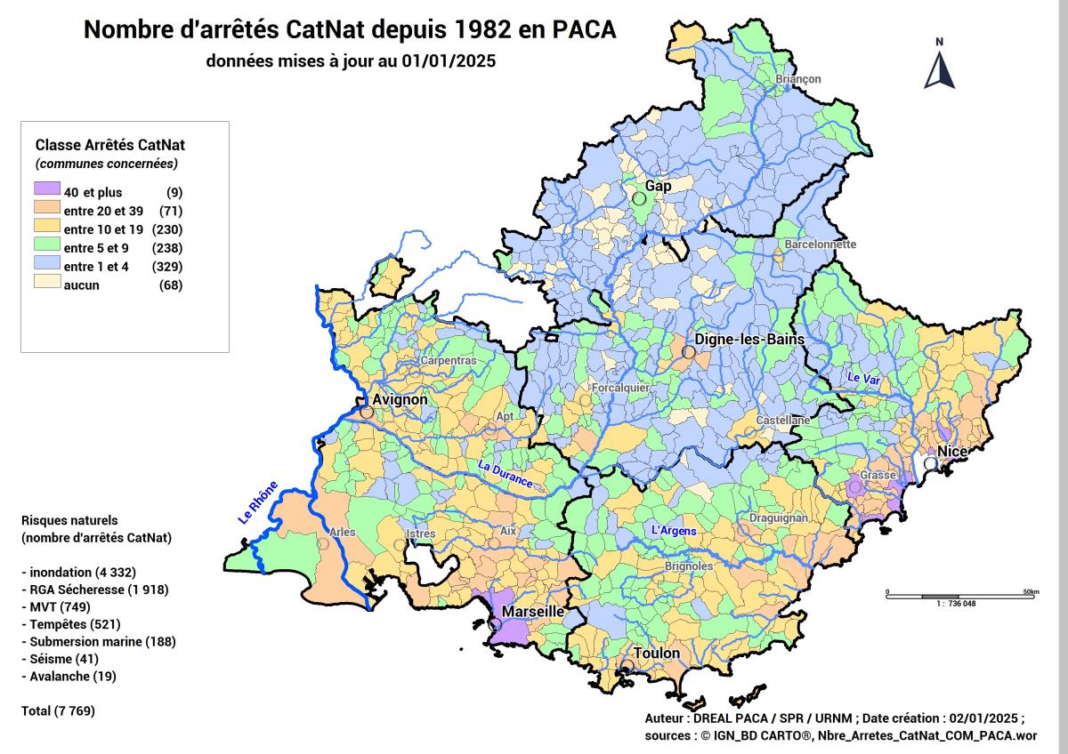 Depuis 1982, 7 769 reconnaissances Catnat ont été déclarées sur la région Provence-Alpes-Côte d’Azur, tout aléa confondu. La majorité des arrêtés concerne les catastrophes liées à des inondations terrestres ou de la sécheresse. On les retrouve essentiellement dans les départements littoraux et en Vaucluse.  (Répartition cartographique du nombre d'arrêtés CAT NAT par commune depuis 1982)