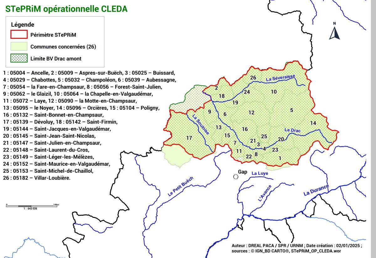 La STePRiM  s’étend sur les 26 communes des Hautes-Alpes du bassin de risque du Drac amont. 12 500 habitants hors périodes touristiques y sont recensés.