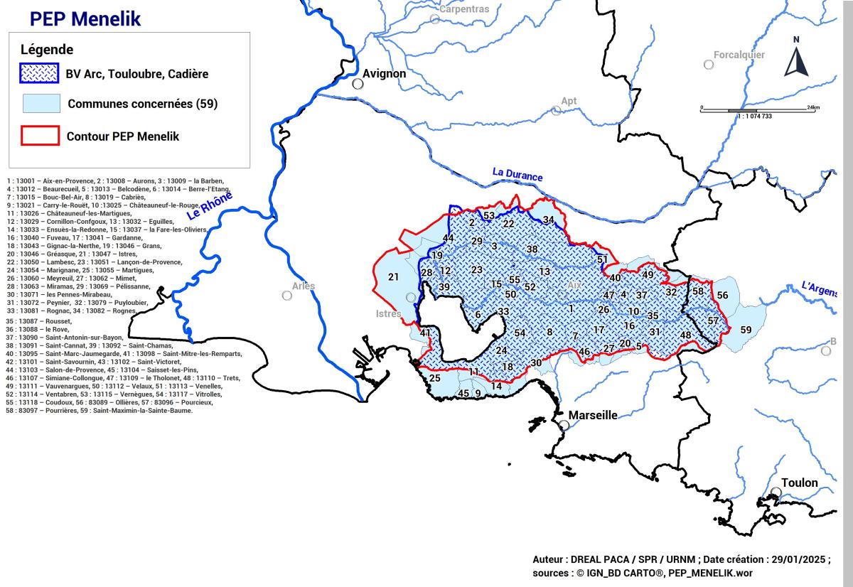 Le périmètre du programme d’actions s’étend sur 2 départements (Bouches-du-Rhône et Var), sur une région (Provence-Alpes-Côte d’Azur) et concerne 59 communes pour 721 116 habitants dont 186 828 sont exposés au titre de l’Enveloppe Approchée des Inondations Potentielles des cours d’eau (EAIP_ce).