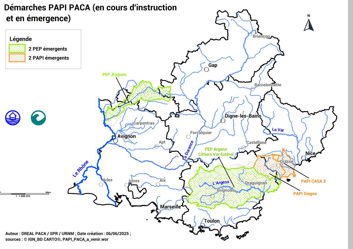 On compte au 01/06/2025 2 PEP et 2 PAPI en émergence : PEP Æygues , PEP Argens et Côtiers Var Estérel, PAPI CASA 3 et PAPI Siagne. (localisation cartographique)
