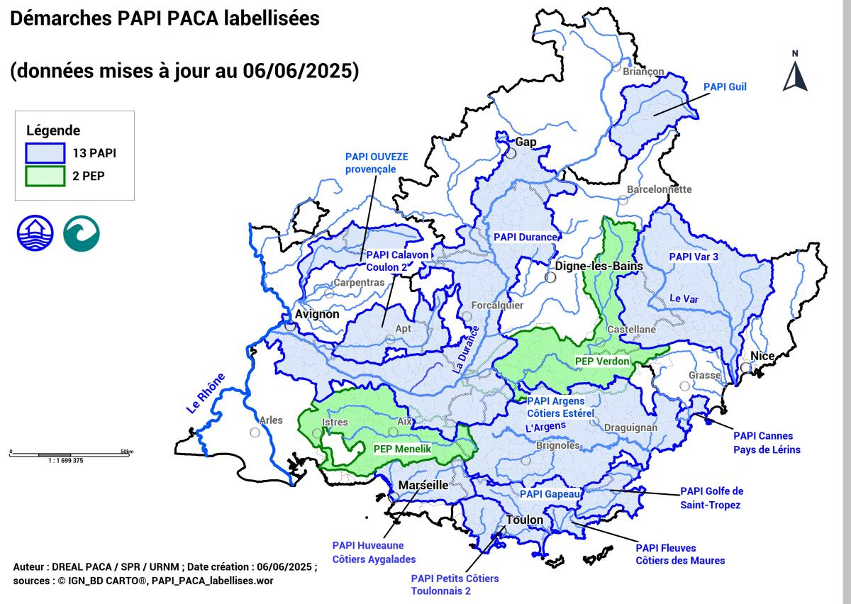Cartographie des démarches PAPI en cours : 15 démarches labellisées dont 13 PAPI et 2 PEP 
