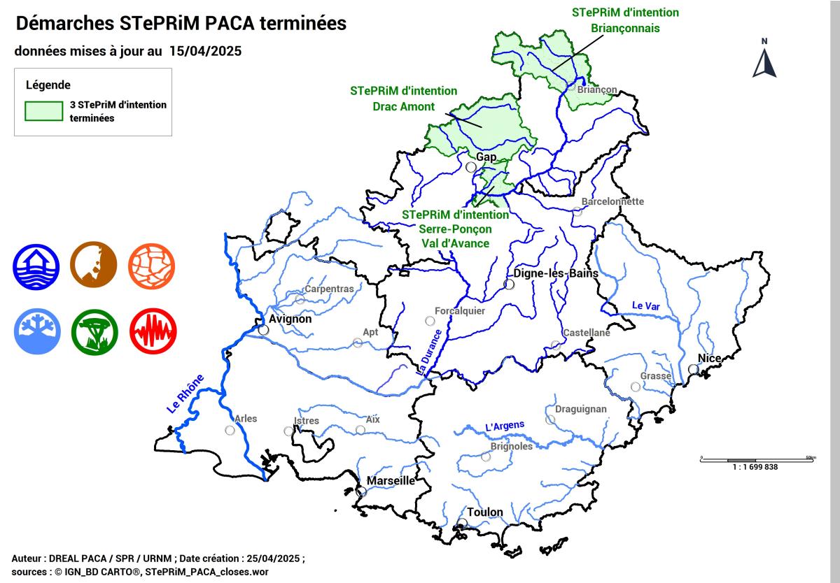 3 STePRiM d’intention, labellisées en 2020, sont terminées et ont été remplacées par des STePRiM opérationnelles permettant ainsi de poursuivre les actions opérationnelles de gestion intégrée des risques de montagne visant à réduire les conséquences dommageables de ces évènements sur la santé humaine, les biens, les activités économiques et l’environnement. Elles sont localisées dans les Hautes-Alpes.
