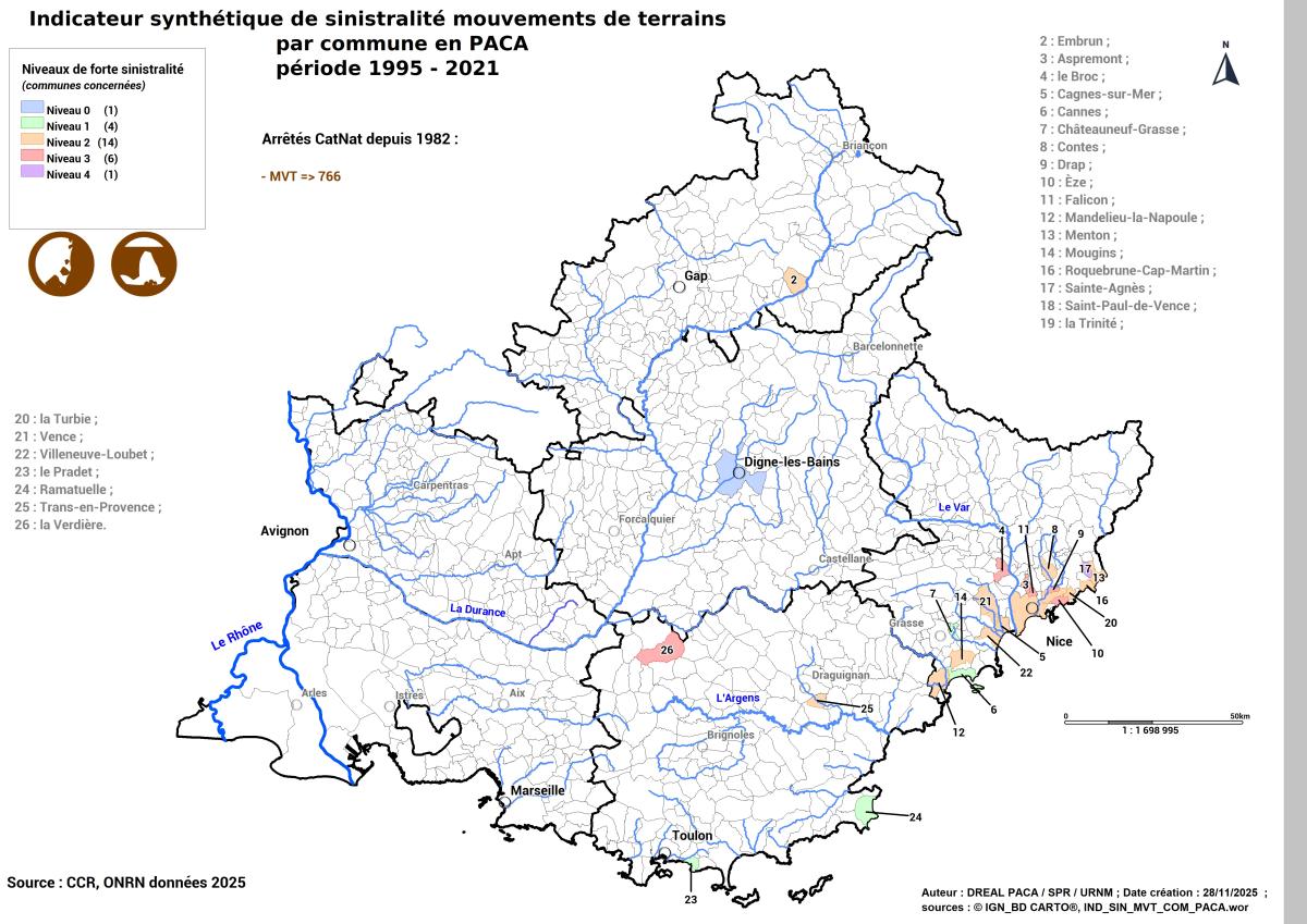 Carte régionale des communes à forte sinistralité mouvements de terrain (ONRN, données 2025) => 26 communes concernées réparties comme suit : 1 dans le DPT 04, 1 dans le DPT 05, 20 dans le DPT 06 et 4 dans le DPT 83