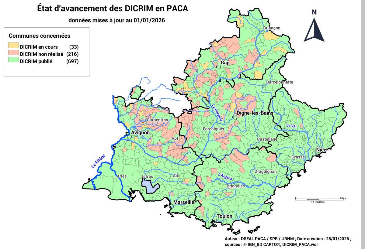 Cartographie de l'état d'avancement des DICRIM en PACA : 697 publiés, 33 en cours d'élaboration ou de mise à jour et 216 non réalisés