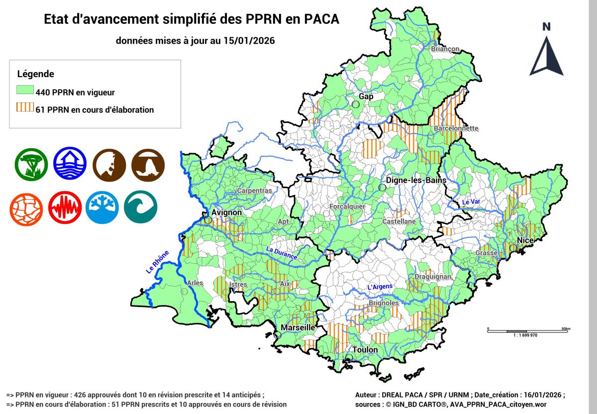 Localisation géographique des PPRN => 440 PPRN en vigueur sur l'ensemble des dpts 05, 13 & 84 ; sur le littoral des dpts 06 & 83 ; dans le BV de la Durance et du Verdon pour le dpt 04 et autour des BV de la Roya, de la Tinée et de la Vésubie pour le dpt 06 ; 61 PPRN en cours d'élaboration en majorité dans les dpts 06, 13, 83 & 84